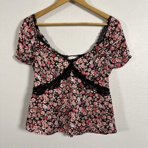 Lush Floral Lace Trim‎ Top Womens Large Smocked Back Cold Shoulder Black Pink